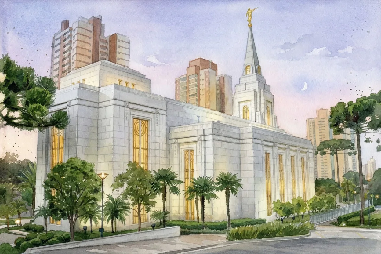 Templo de Curitiba, no Brasil, da Igreja de Jesus Cristo dos Santos dos Últimos Dias — aquarela